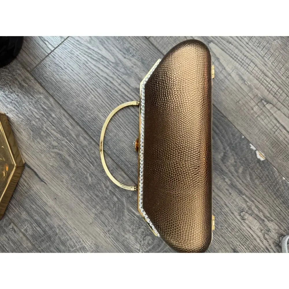 Vintage Clutch Bag Party Clutches Handbag Detachable Chain Strap Brown Gold
